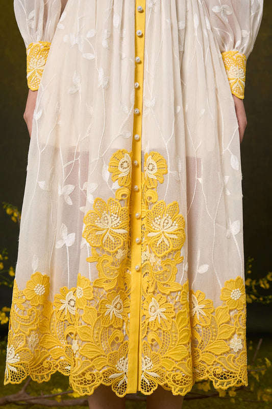 LongSleeve Embroidery Midi Lace Dress
