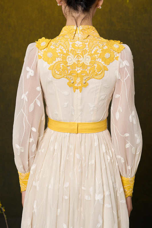 LongSleeve Embroidery Midi Lace Dress