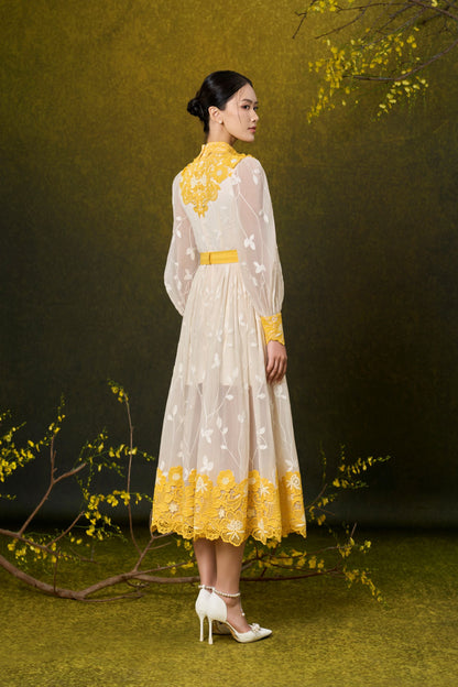 LongSleeve Embroidery Midi Lace Dress