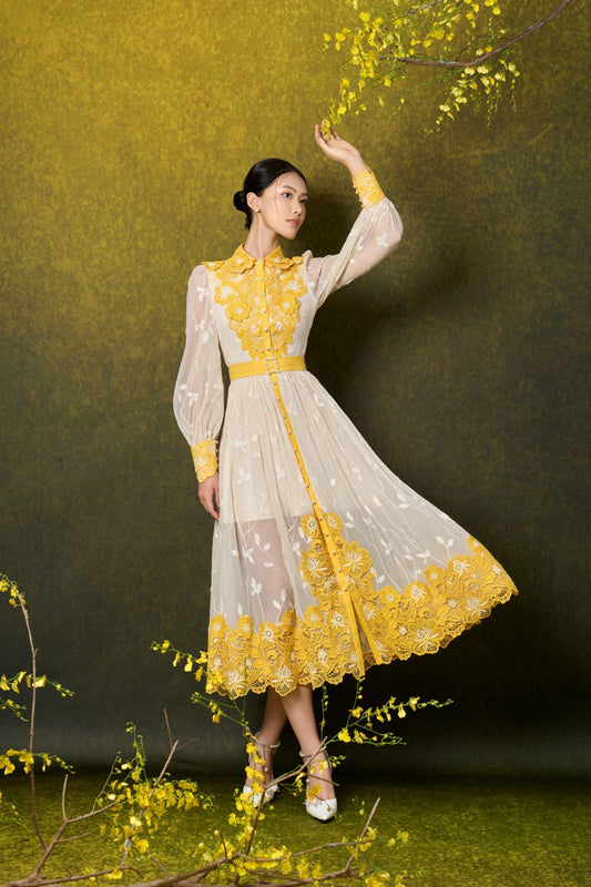 LongSleeve Embroidery Midi Lace Dress