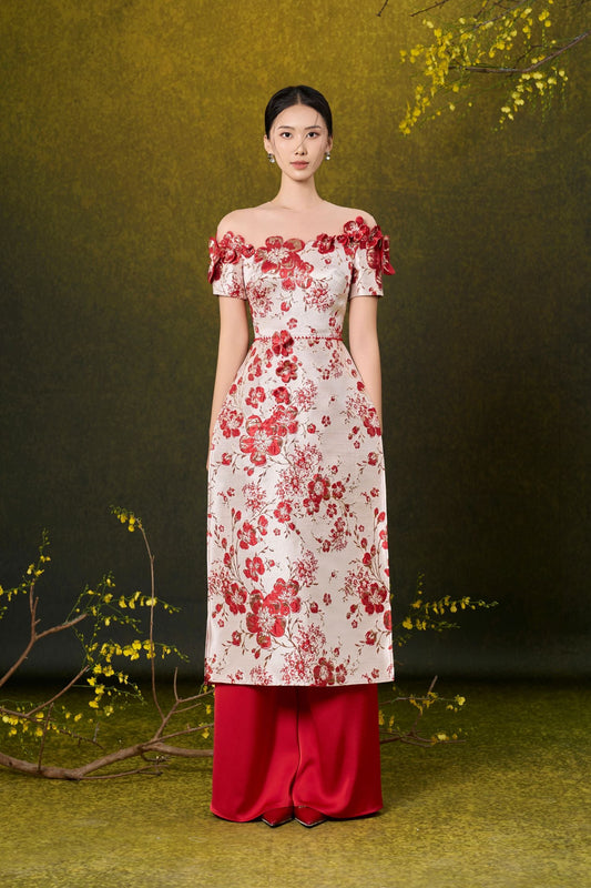 Apricot Blossom Jacquard Ao Dai