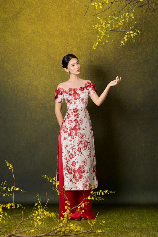 Apricot Blossom Jacquard Ao Dai