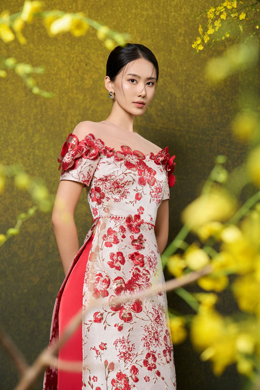 Apricot Blossom Jacquard Ao Dai