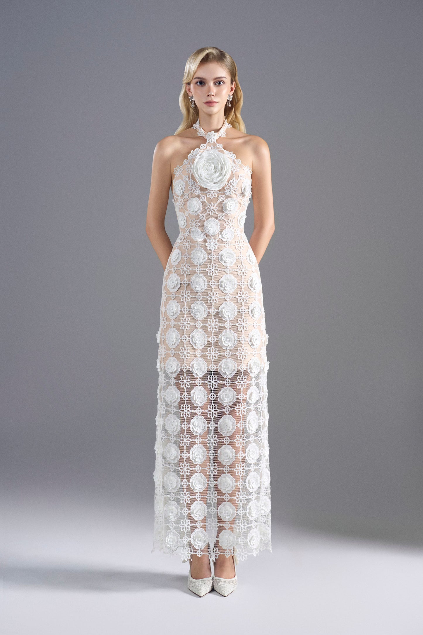 I-Line White Flower Lace Dress