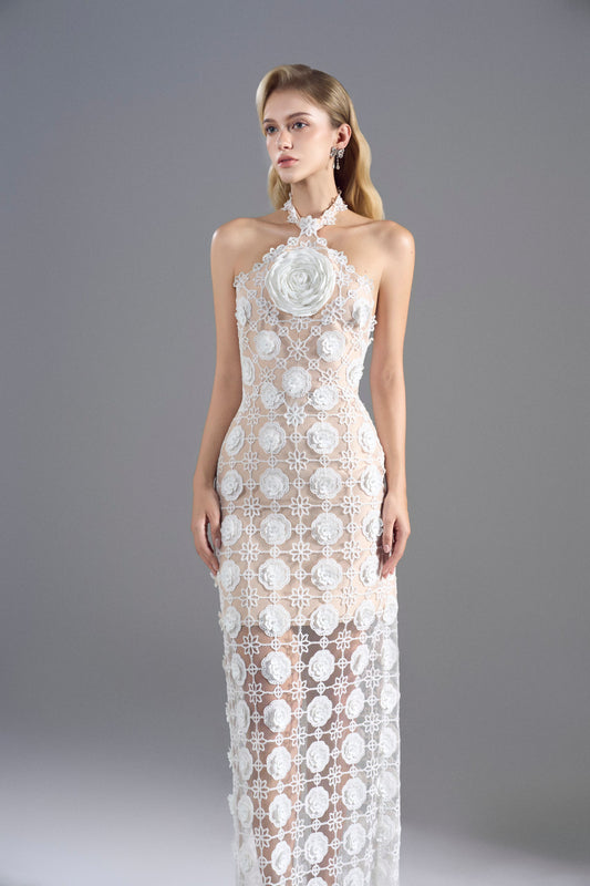 I-Line White Flower Lace Dress