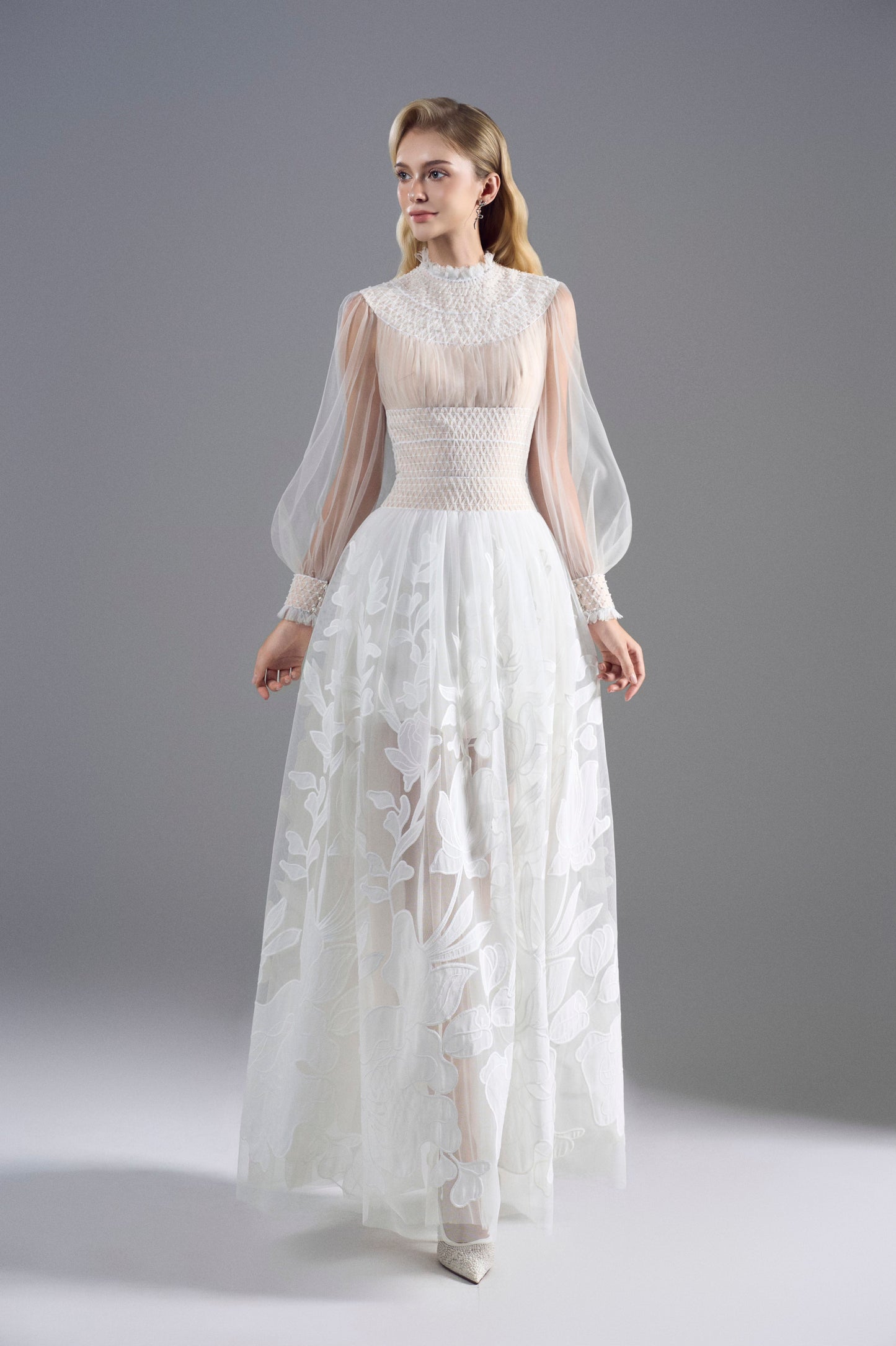 Smocking Flower White Tulle Dress