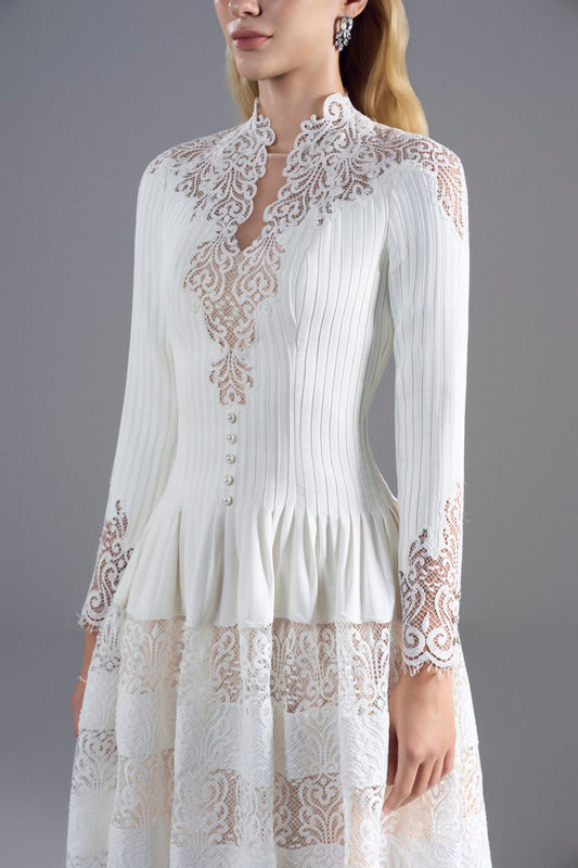 LongSleeve White Midi Lace Dress
