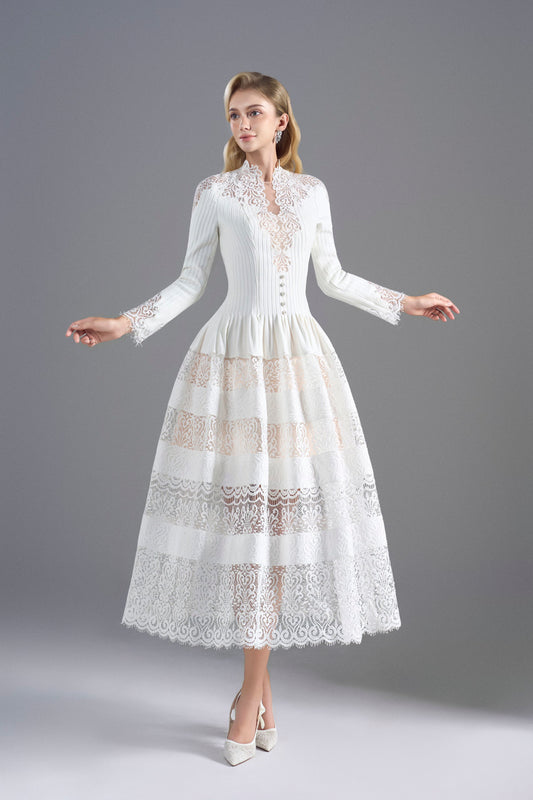 LongSleeve White Midi Lace Dress