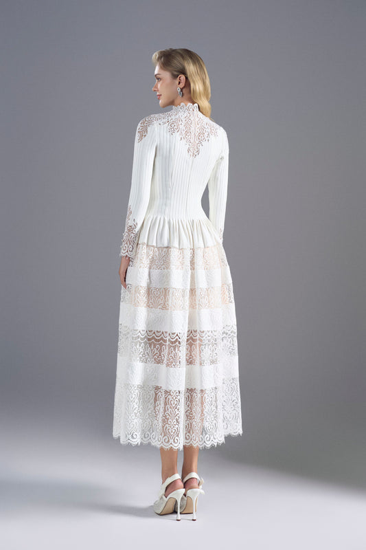 LongSleeve White Midi Lace Dress