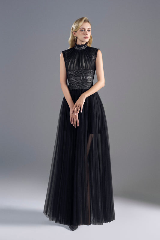 BLACK TULLER SMOCKING MIDI DRESS