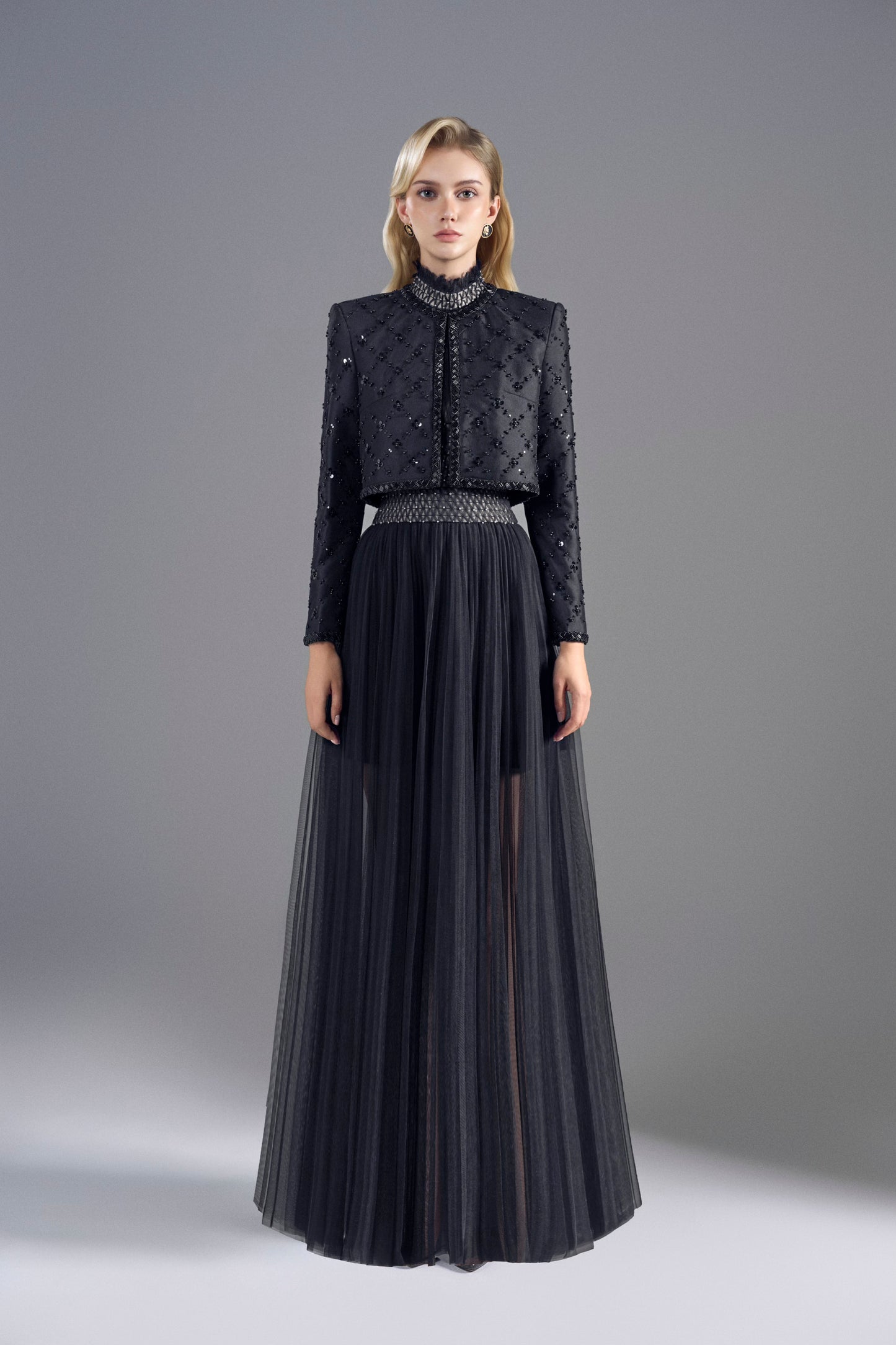 BLACK TULLER SMOCKING MIDI DRESS
