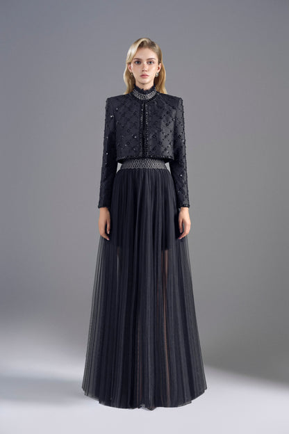 BLACK TULLER SMOCKING MIDI DRESS