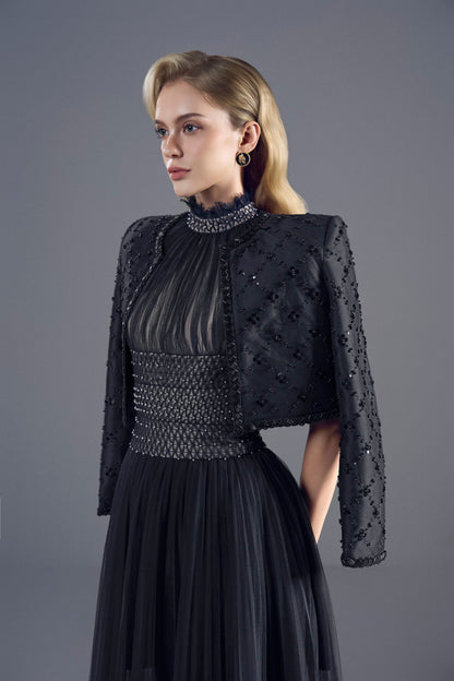 BLACK TULLER SMOCKING MIDI DRESS