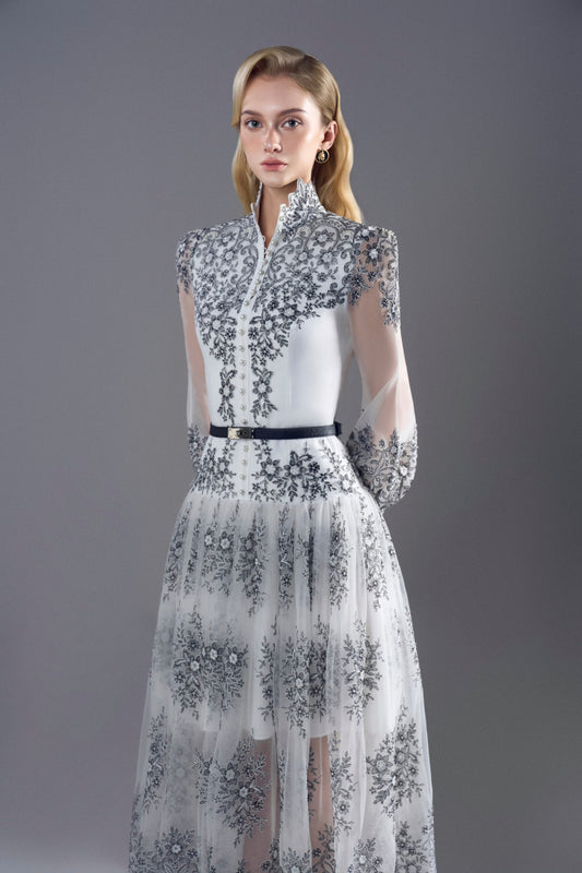 Black White Embroidery Floral Midi Dress