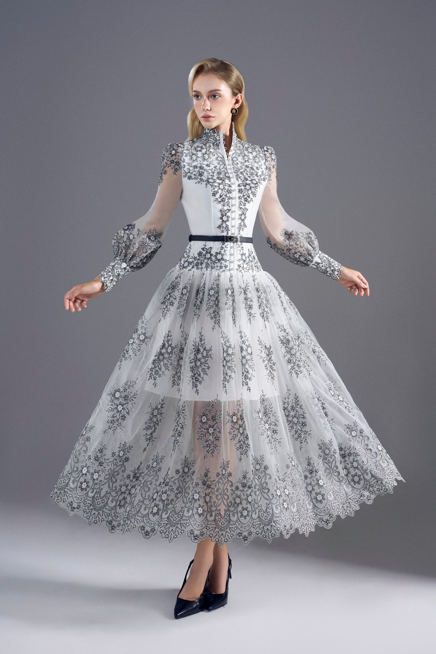 Black White Embroidery Floral Midi Dress