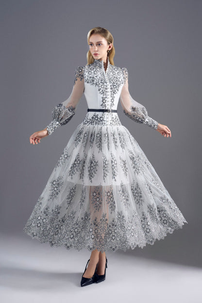Black White Embroidery Floral Midi Dress