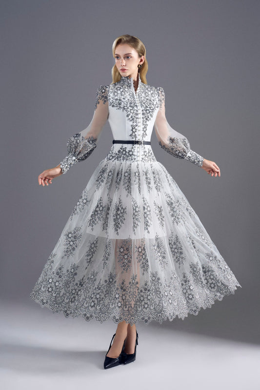 Black White Embroidery Floral Midi Dress