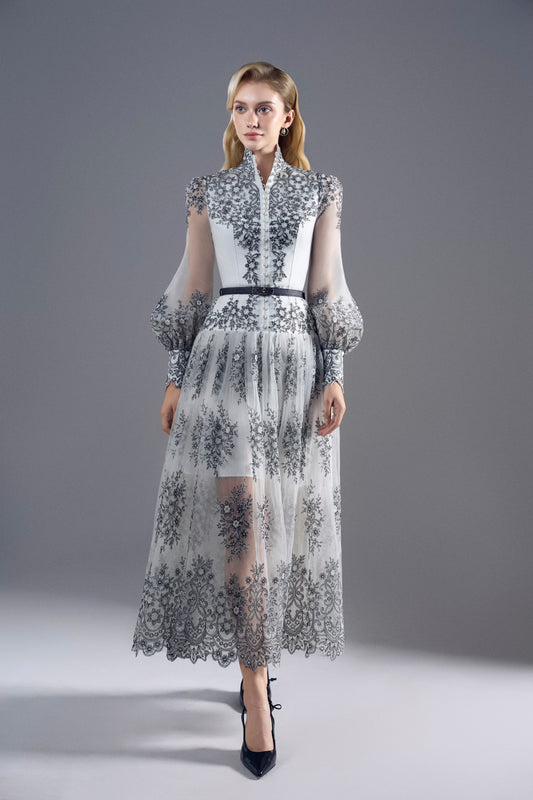 Black White Embroidery Floral Midi Dress