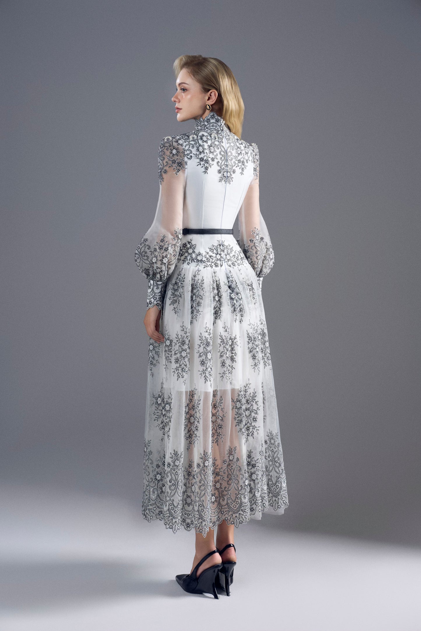 Black White Embroidery Floral Midi Dress