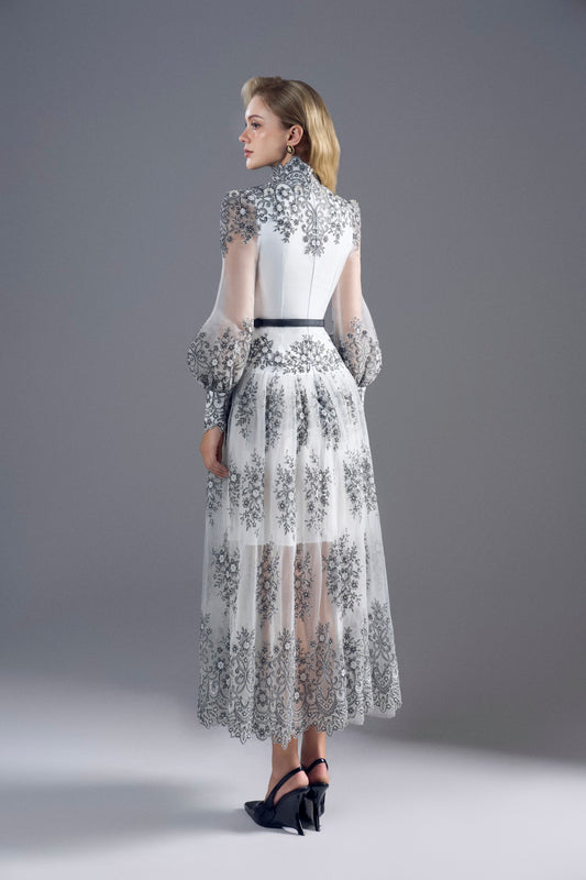 Black White Embroidery Floral Midi Dress