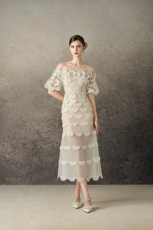 White Daisy Long Fishtail Dress