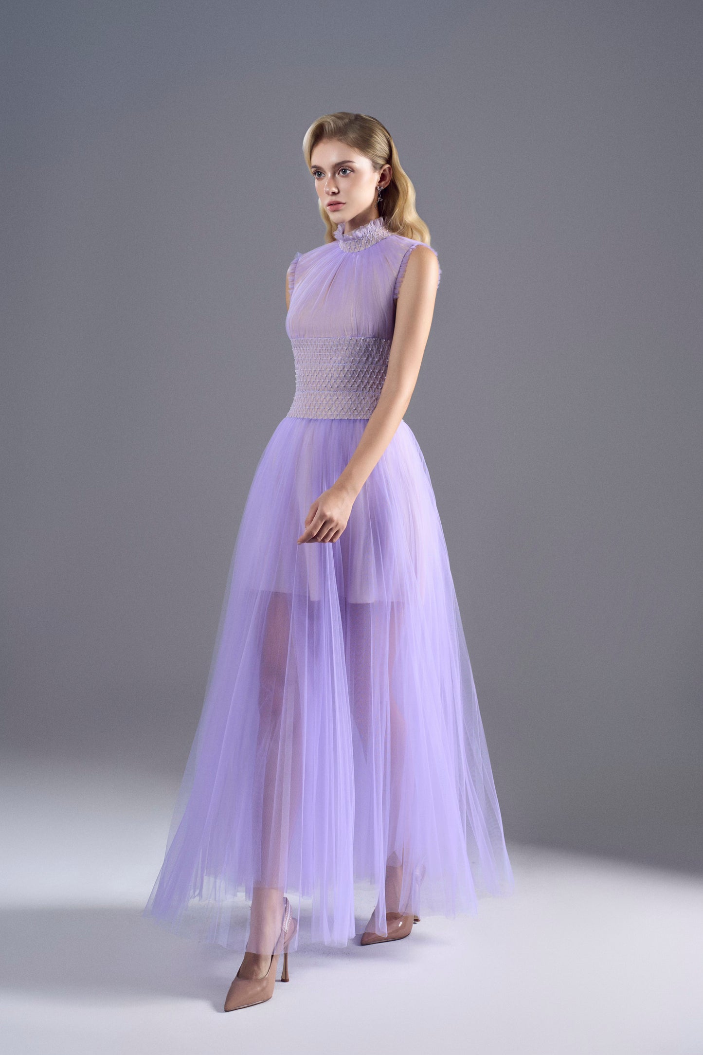 Light Purple Tuller Smocking Midi Dress