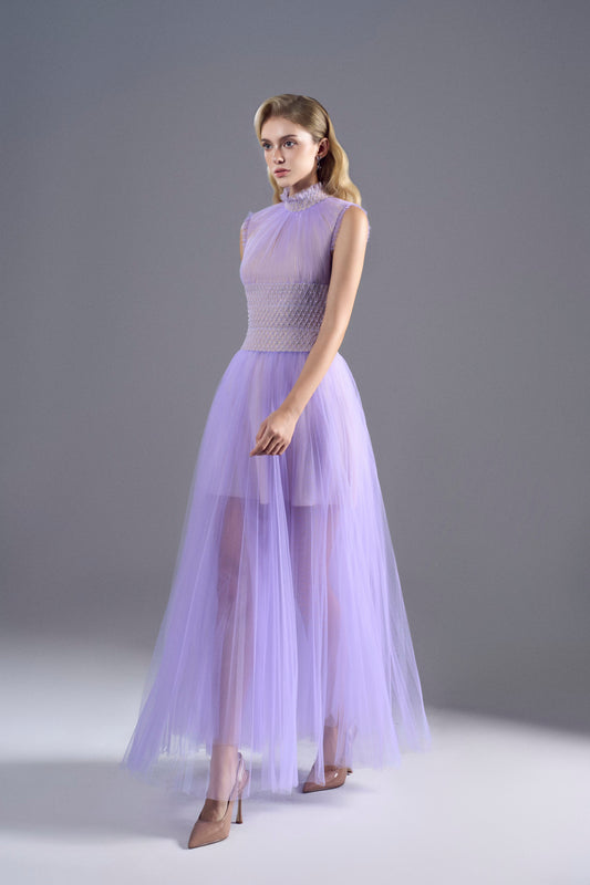 Light Purple Tuller Smocking Midi Dress