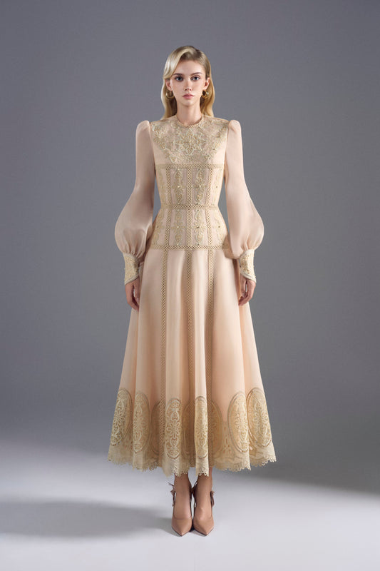 Long Sleeve Cream Organza Midi Dress