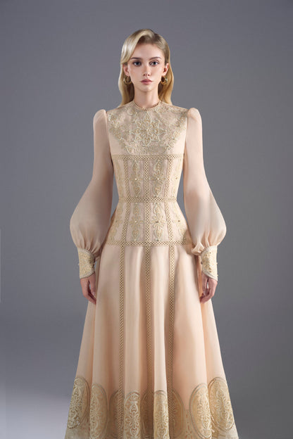 Long Sleeve Cream Organza Midi Dress