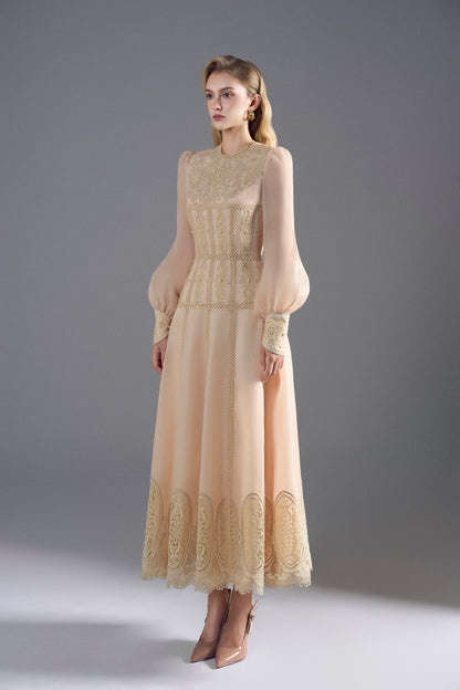 Long Sleeve Cream Organza Midi Dress