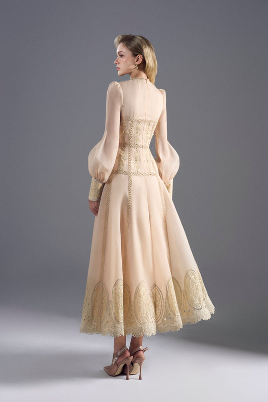 Long Sleeve Cream Organza Midi Dress