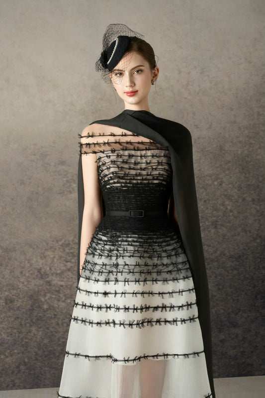 Black-White Bow Midi Dress