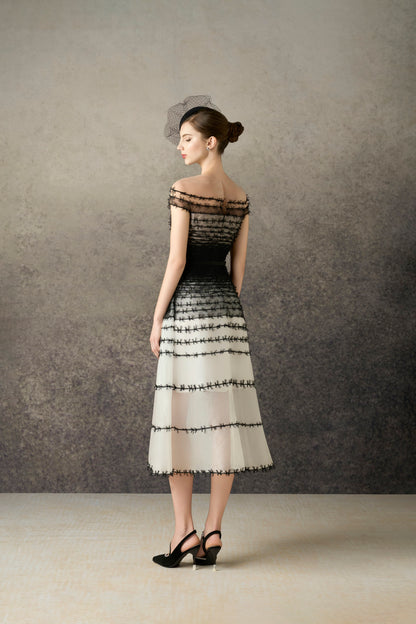 Black-White Bow Midi Dress