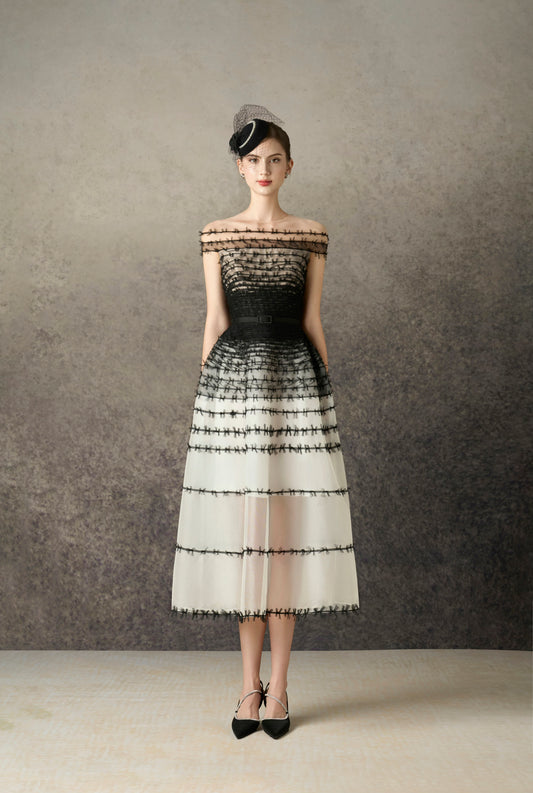 Black-White Bow Midi Dress