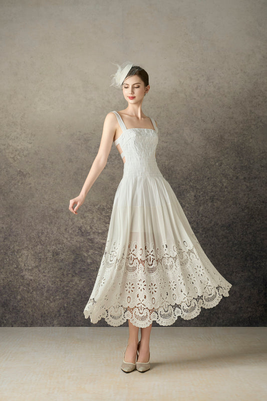 Embroidery White Midi Dress