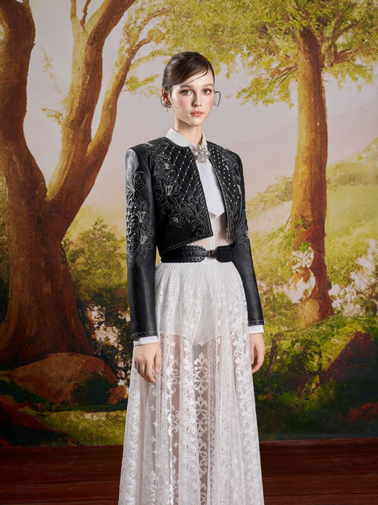 Black Leather Embroidery Jacket