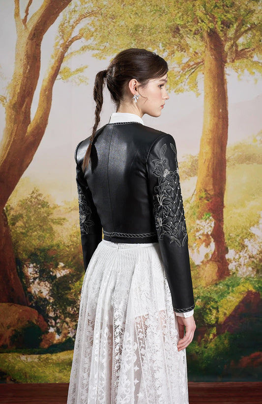 Black Leather Embroidery Jacket
