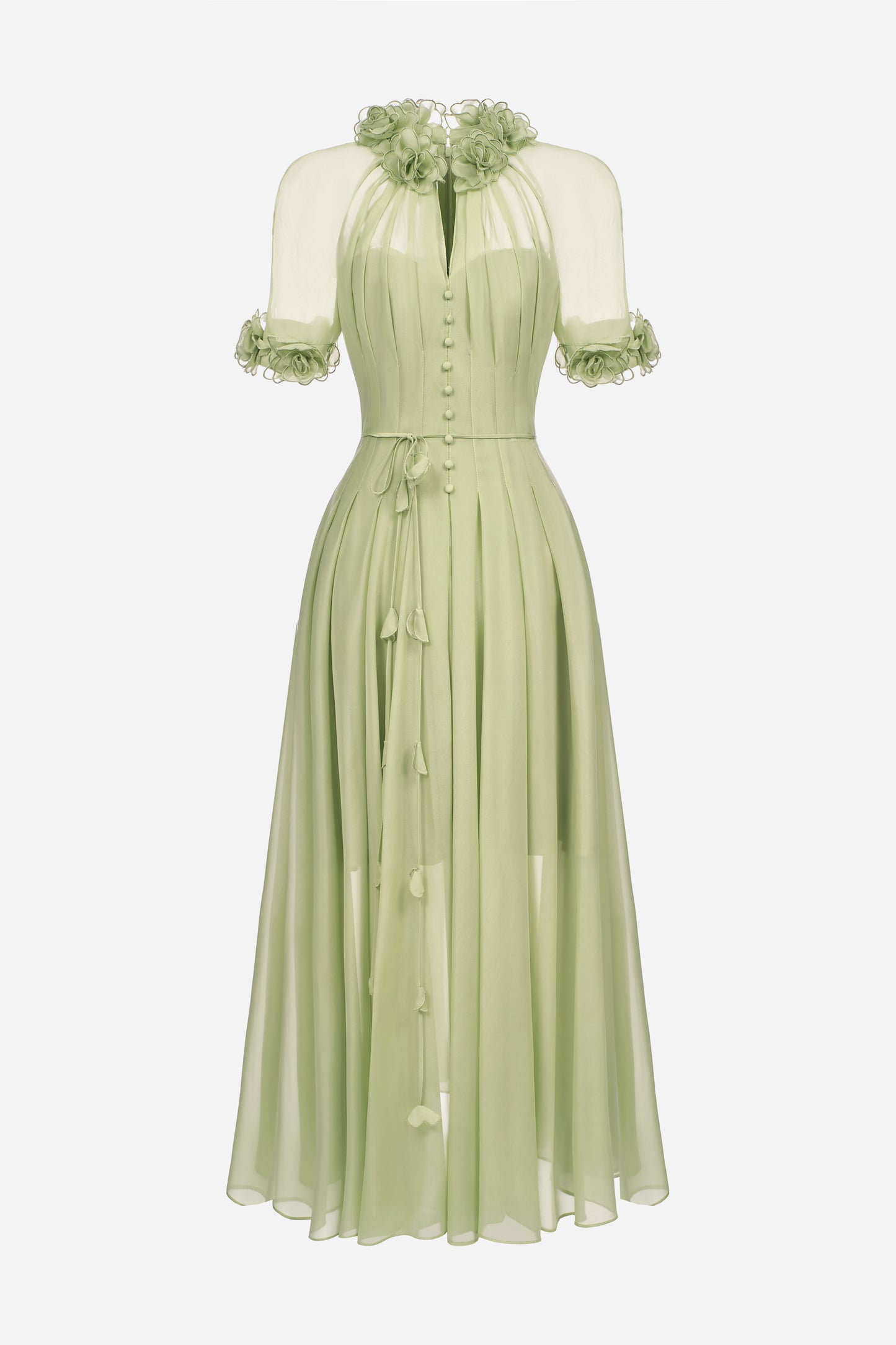 Short Slevee Green Drapping Midi Dress