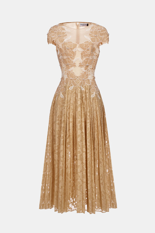 Floral Pleated Midi Lace Dress