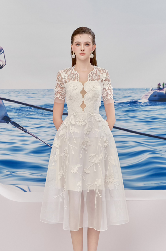 White Chrysanthemum Midi Dress