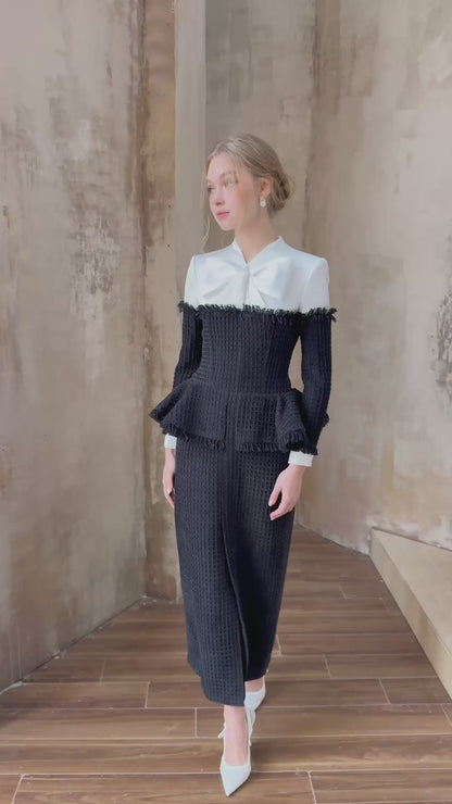 Black-White Bow I-line Dress